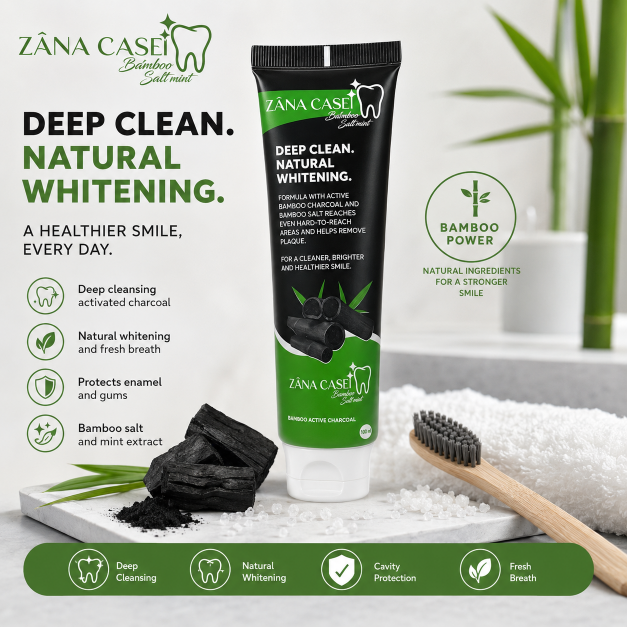 Zâna Casei Bamboo Salt Mint charcoal whitening toothpaste — deep clean, natural whitening